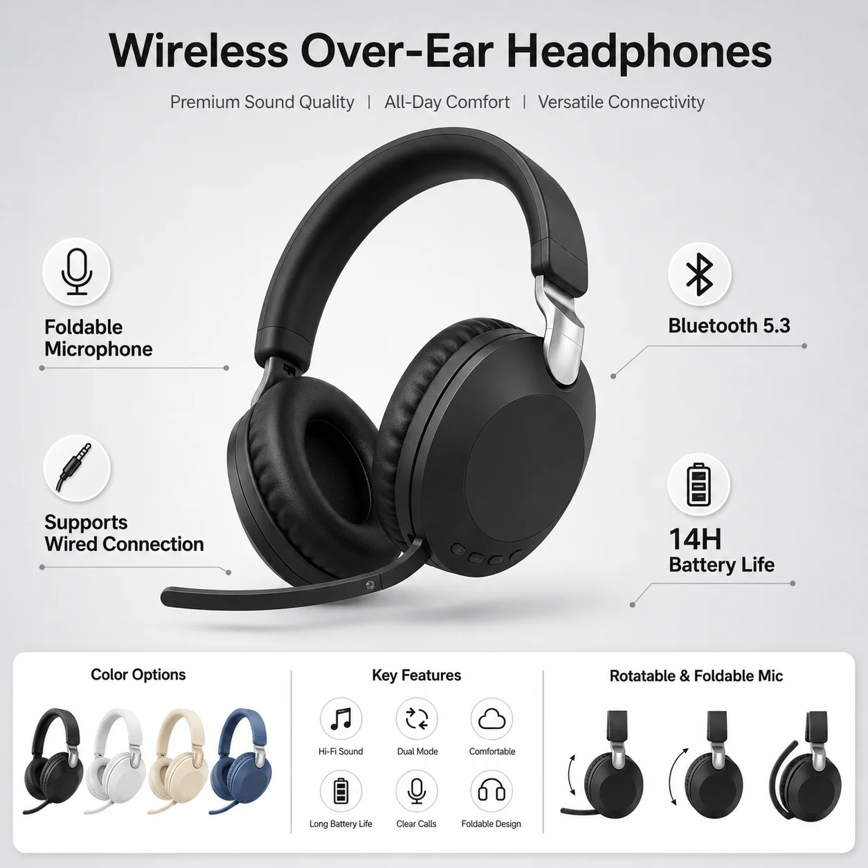 Anc Wireless Over Ear Headphones - オーバーイヤー型ゲーミングヘッドセット、Bluetooth 5.3対応、40mmダイナミックドライバー、高音質、14時間のバッテリー持続時間、クリアな通話品質。
